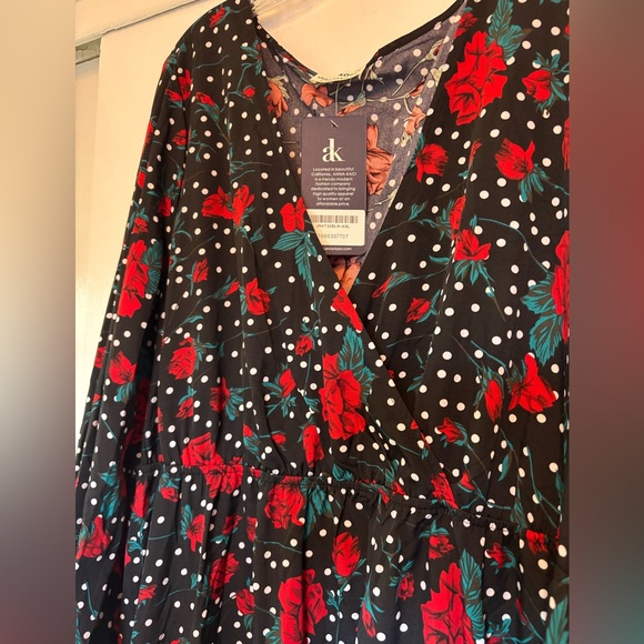 NWT Anna-Kaci Black & Red Bell Sleeves Rose Floral Print Faux Wrap Maxi Dress 4X - Picture 2 of 6